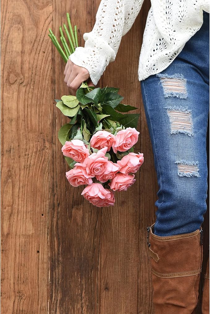 FiveSeasonStuff Fake Roses Wedding Flowers Real Touch Silk Champagne Pink Artificial Flowers 12 Stems