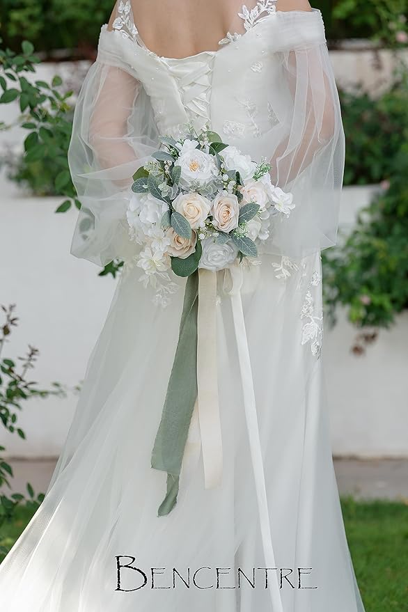 10 Inch White Bridal Bouquet,Wedding Bouquet,Bride Bouquets for Wedding Ceremony Anniversary, Party and French Rustic Vintage Wedding,Artificial Flowers