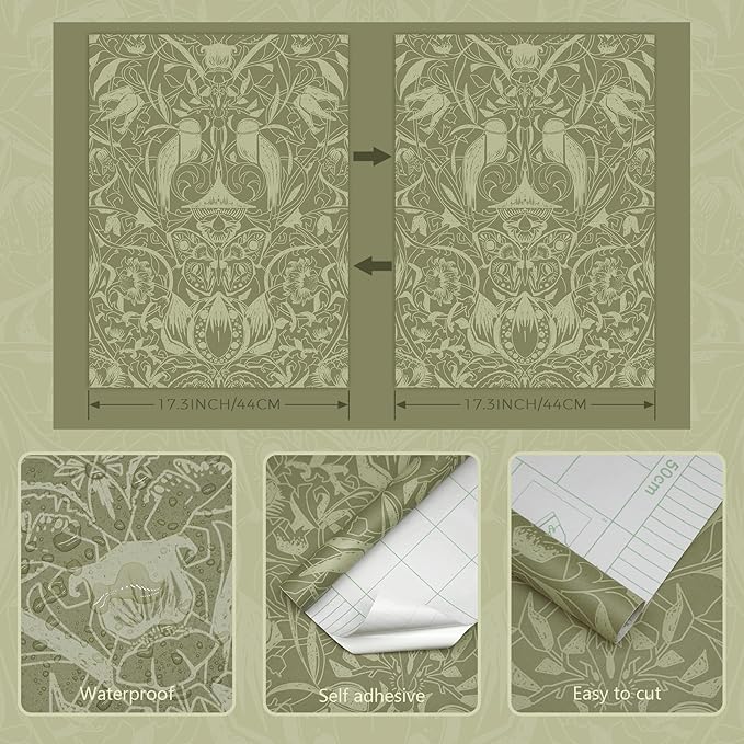 Vintage Peel and Stick Wallpaper Boho Bird Wall Paper Floral Contact Paper for Bedroom 17.3" X 78.8" Removable Wallpaper Self Adhesive Olive Green Botanical Decorative Wallpapers Bathroom Vinyl
