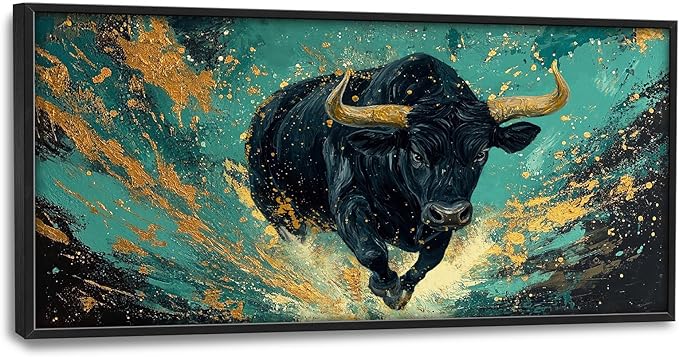 Large Highland Cow Wall Art for Living Room, Framed Oversized Bison Buffalo Wall Decor, Teal and Gold Canvas Painting Modern Artwork for Living Room Bedroom Office Dining Room 60"x30"