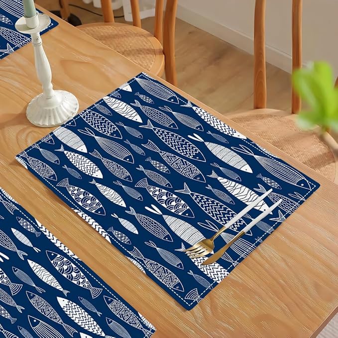 Japanese Fish Placemats Set of 6, Blue Fishing Country Double-Sided Table Mats for Kitchen Dining Room Home Party Indoor Decor 6 PCS 12x18 Inch
