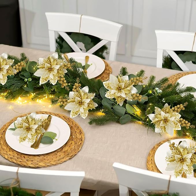 50pcs Glitter Poinsettia Christmas Ornaments, Artificial Flowers with Clips Stems for DIY Wreath Making, Holiday Home Party Decorations, Indoor Use (Gold)