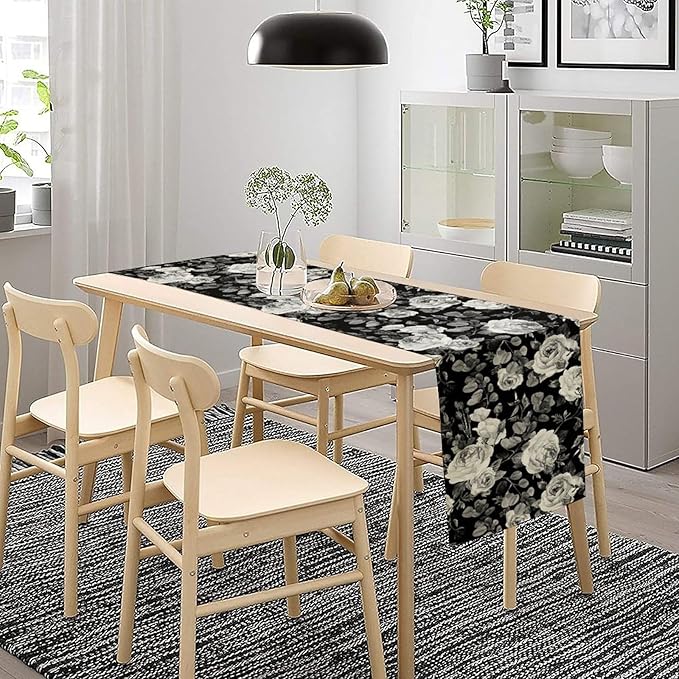 Vintage Black Flower Table Runner, Retro Roses Blossom Eucalyptus Plants Botanical Branches Dark Gothic Floral Table Runner for Home Party Indoor Outdoor Decor, 13x70inch