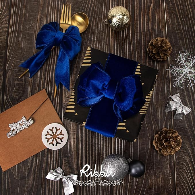 Ribbli Royal Blue Velvet Wired Ribbon 2.5 Inch Velvet with Satin Christmas Ribbon for Gift Wrapping Christmas Tree Decoration Crafts Wreaths Supplies-Continuous 10 Yards