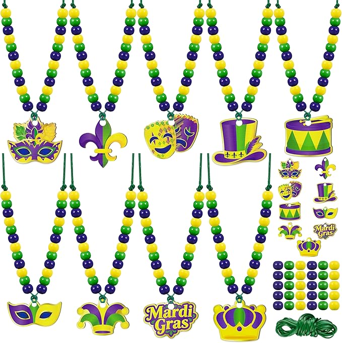 Eternity sky 36 Pcs Mardi Gras Beads Necklace Kit - DIY Purple Green Gold Wooden Craft Pendant Set for Carnival Party Favors - 9 Styles