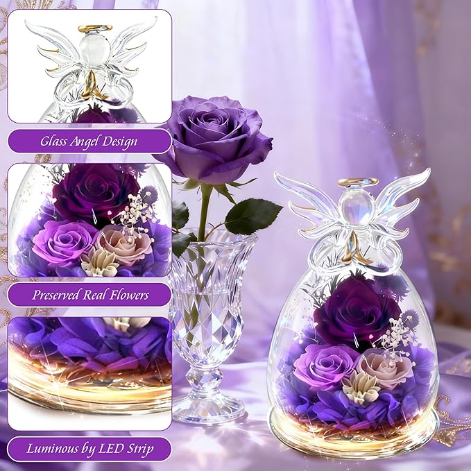 Purple Rose Christmas Gifts for Women, Forever Flower in Glass Fresh Flowers for Delivery, Preserved Rose Angel Figurine Decor for Mom, Grandma, Mother’s Day, Valentine’s Day, Birthday, Xmas Gift
