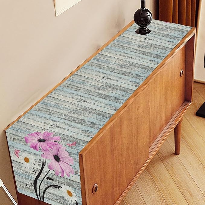 Farmhouse Table Runner, Abstract Daisy Flower Rustic Old Wood Farmhouse Print Table Runner for Home Indoor Outdoor Party Wedding Decor 13x90 inch
