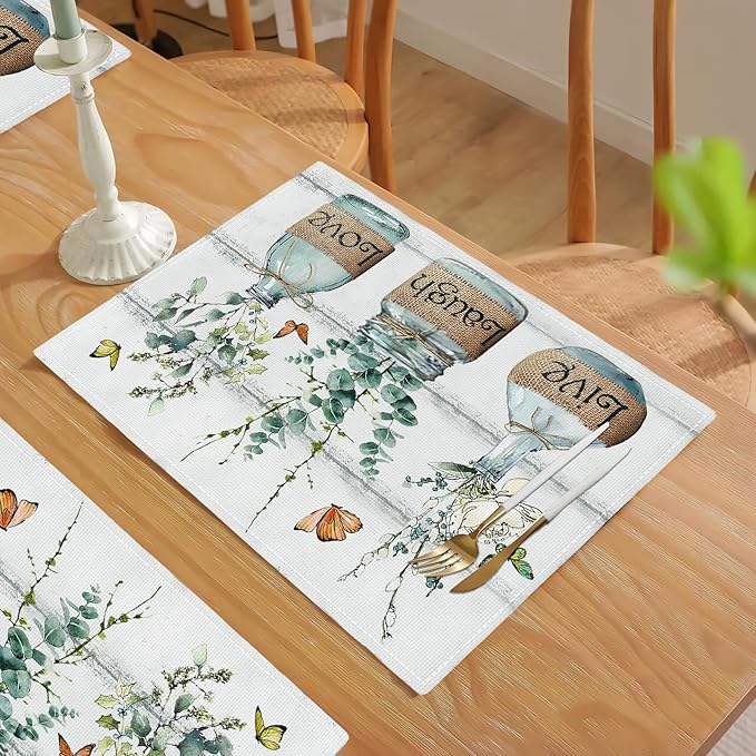 Eucalyptus Placemats Set of 6 Farmhouse Green Botanical Table Mats Washable Place mats for Home Party Indoor Kitchen Dining Table Decoration 12x18 Inch