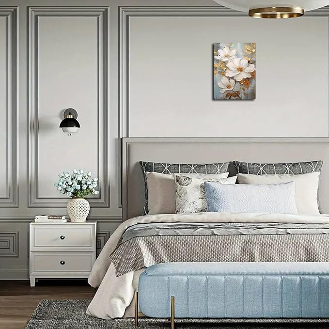 Abstract White Flower Painting Canvas Wall Art With Gold Leaf Canvas Framed Art Wall Decor White Elegant Flower Modern Print Wall Art for Living Room Bedroom Home Decoration 12x16 inch