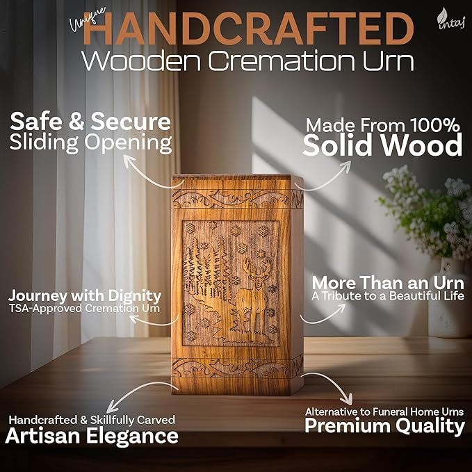 INTAJ Handcarved Rosewood Deer Urn for Human Ashes Adult Male Female - 115 lbs Capacity Forest Scene Wooden Cremation Urn Box Suitable for Burial Funeral Decorative Wildlife Memorial Casket