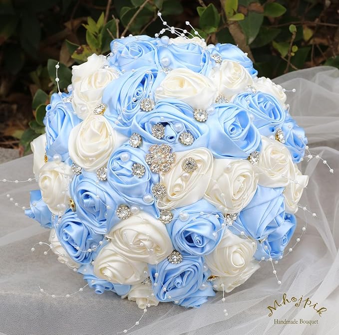 Bridal Wedding Bouquet Round Bling Brooch Bouquet Throw Toss Artificial Rose Flower Bunch for Bride Bridesmaid Wedding Quinceanera(Light Blue & Ivory, 6.3")