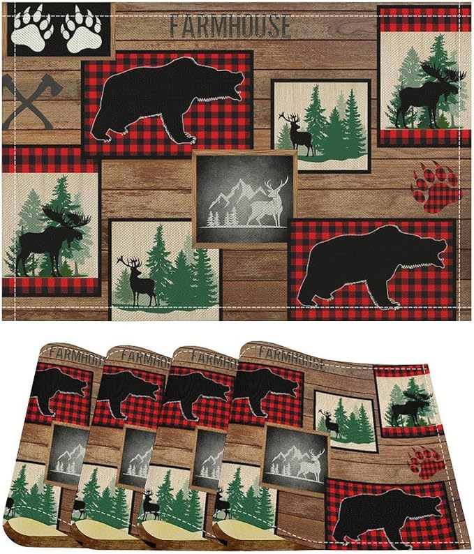 Rustic Cabin Bear Placemats Country Farm Lodge Moose Art Printed Dining Table Mats Set of 4 for Home Kitchen Holiday Picnic Party Decor 12x18in