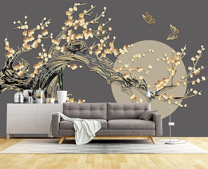 Golden Branches Butterflies Moon Wall Mural Wallpaper for Bedroom 178" x 117"