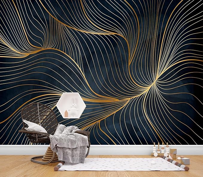 Eierme-Golden Abstract line Pattern Waves Mural Wallpaper Peel and Stick 137" x 102"