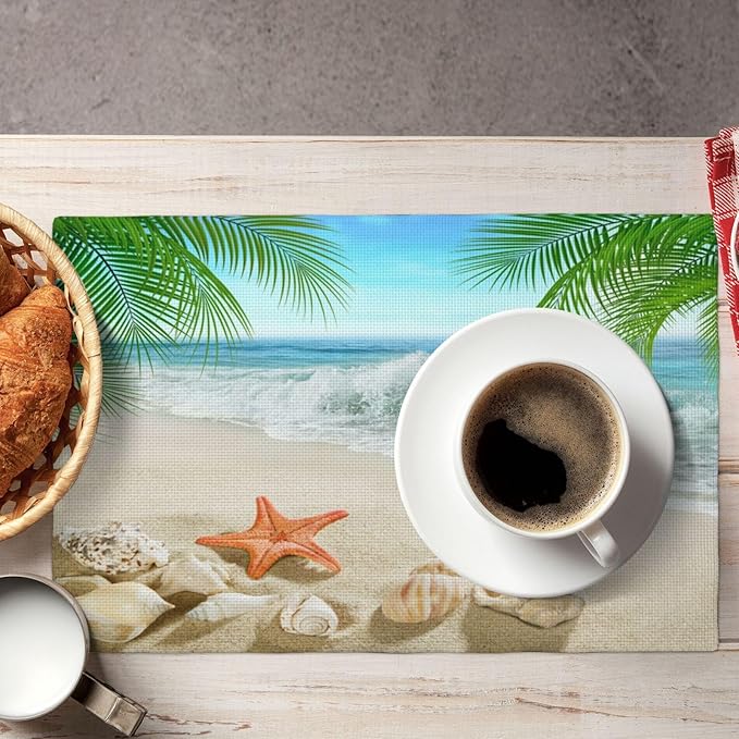 Starfish Beach Placemats, Leisure Summer Time Waves Tropical Palm Elm Sand Starfish Seashells Nautical Print Washable Fabric Placemats Table Kitchen Dining Party 12x18 Inch Set of 4