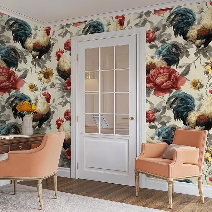 Floral Peel and Stick Vintage Animal Wallpaper Sunflower Rooster Removable Botanical Leaf 17.7" x 118.11" Wall Paper Watercolor Self Adhesive Contact Paper for Farm Bedroom laundry room bathroom