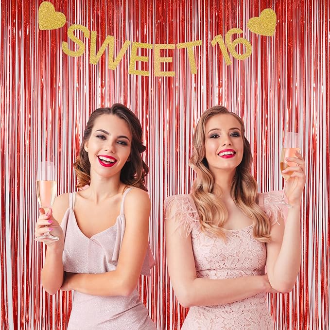 Foil Fringe Curtains Christmas Decorations Red Streamers Party Decorations - Melsan 3 Pack 3.2 x 8.2 ft red Fringe Backdrop Party Photo Backdrop for Back to School Birthday Party Baby Shower
