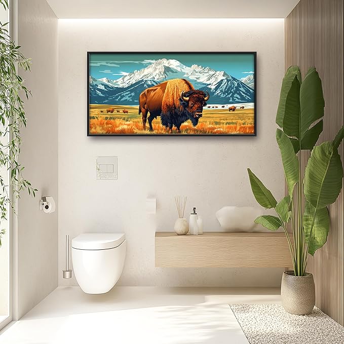 Bison Cow Large Decor Framed Wall Art Western Mountain Pictures for Living Room, Animal Oversized Canvas Print Painting Modern Extra Large Framed Artwork for Bedroom Office Home Decor 60"x30"