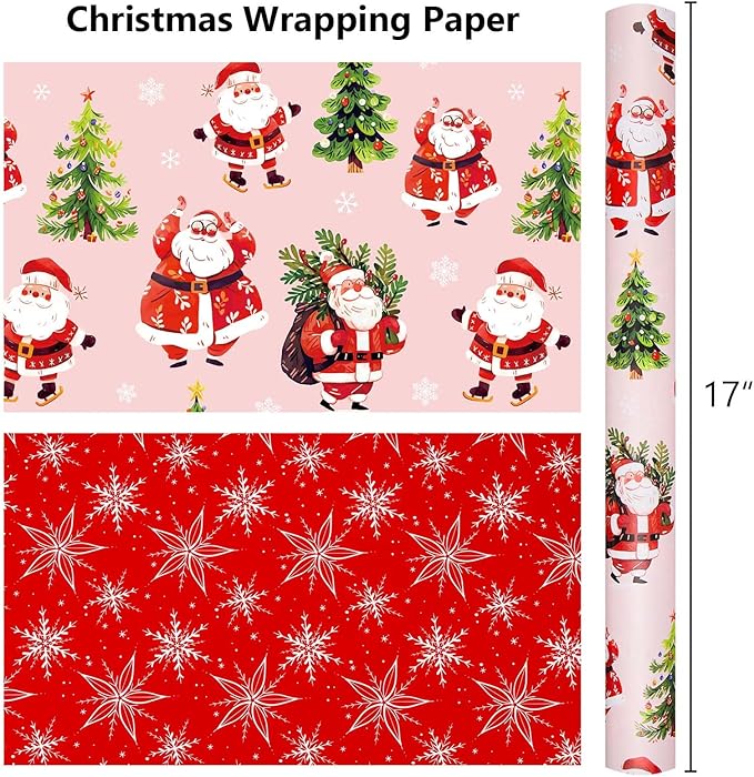 MAYPLUSS Christmas Wrapping Paper Roll - 17 Inch X 33 Feet - Cute Santa Claus Christmas Tree Reversible Strip Gift Wrapping Paper, Thick Wrap Paper for Holiday Party New Year Kids