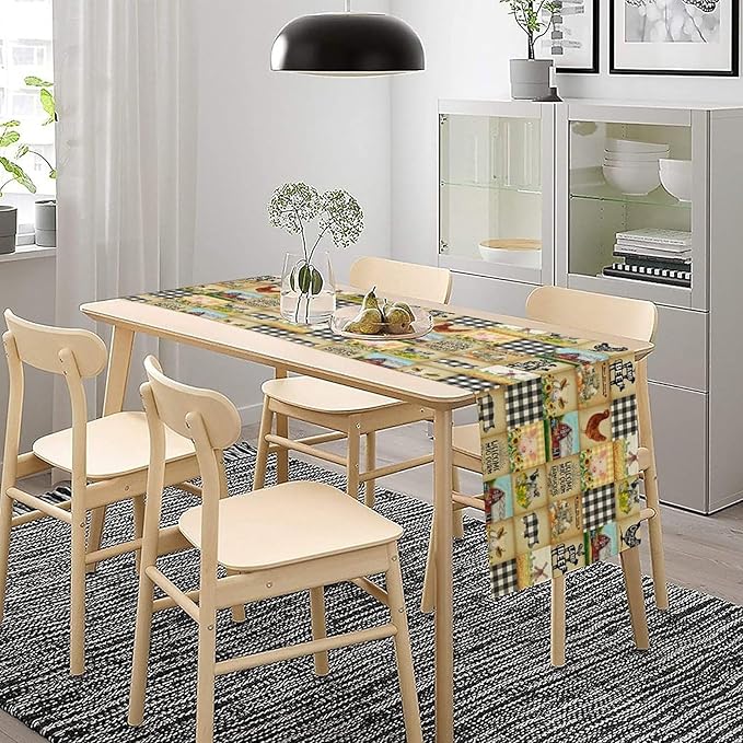 Farmhouse Animals Table Runner,Rustic Cabin Pig Chicken Cow Sunflowers Geometric Grids Burlap for Hotel Indoors Outdoor Dining Room Kitchen Holiday Party, 13x90in