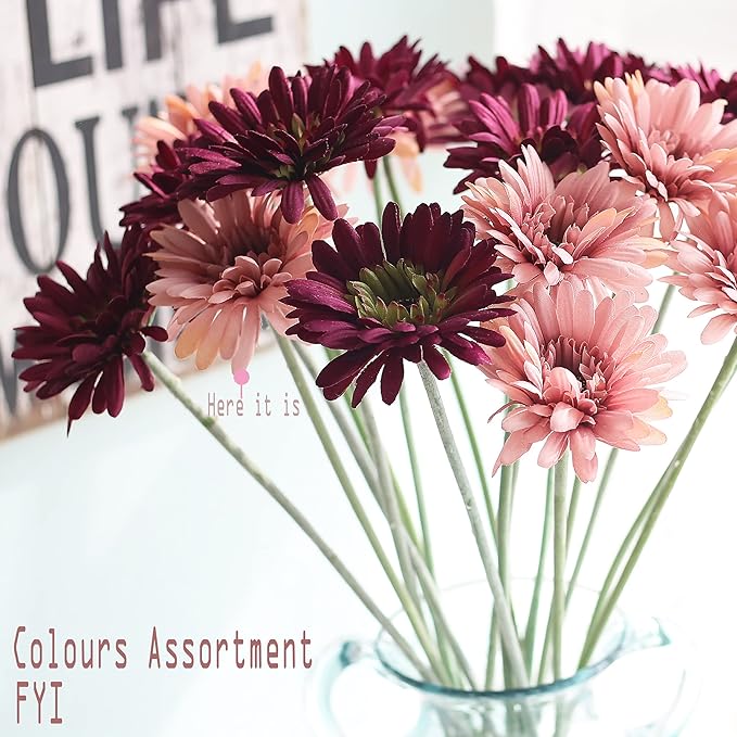12pcs Artificial Gerbera Daisies,22 Inch Long Stem Silk Daisy Flowers,Realistic Artificial Flower Mums for Home Décor Centerpiece Wreath Supplies Wedding Bouquet,Champagne