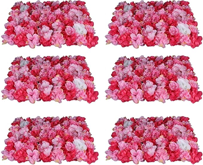 Artificial Flower Wall Panels, Silk Wedding Flower Wall Backdrop Panel, 3D Floral Panel Artificial Floral Wall Mat Flower Screen for Photo Party Wedding Wall Background Decor (6PCS Rose Red+Dark Pink)