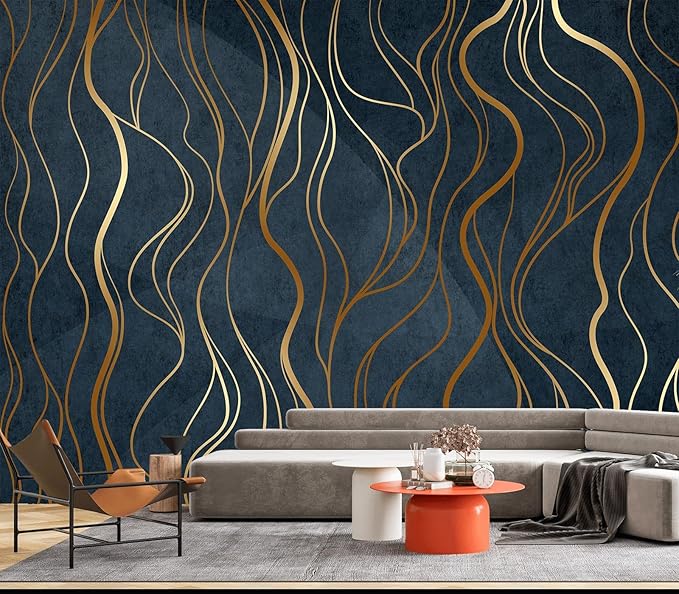 Eierme-Abstract Luxury Golden Wallpaper Wavy line Art Background Dynamic Ribbons 90" x 67"