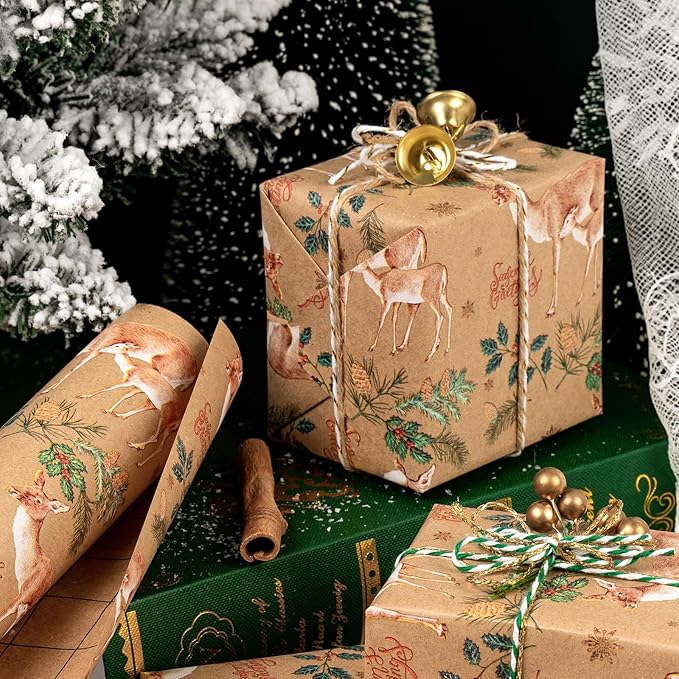 WRAPAHOLIC 30 Inch Jumbo Kraft Christmas Wrapping Paper - 30 Inch x 100 Feet Jumbo Roll Reindeer Wrapping Paper with Holly Design for Christmas, Holiday, Party Celebration
