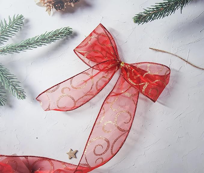 CT CRAFT LLC Organza with Red Glitter Swirls Wired Ribbon 2.5 inch x 50 Yards for Christmas Home Decor Tree Topper Bow Gift Wrapping DIY Crafts Wreath Garland Wedding
