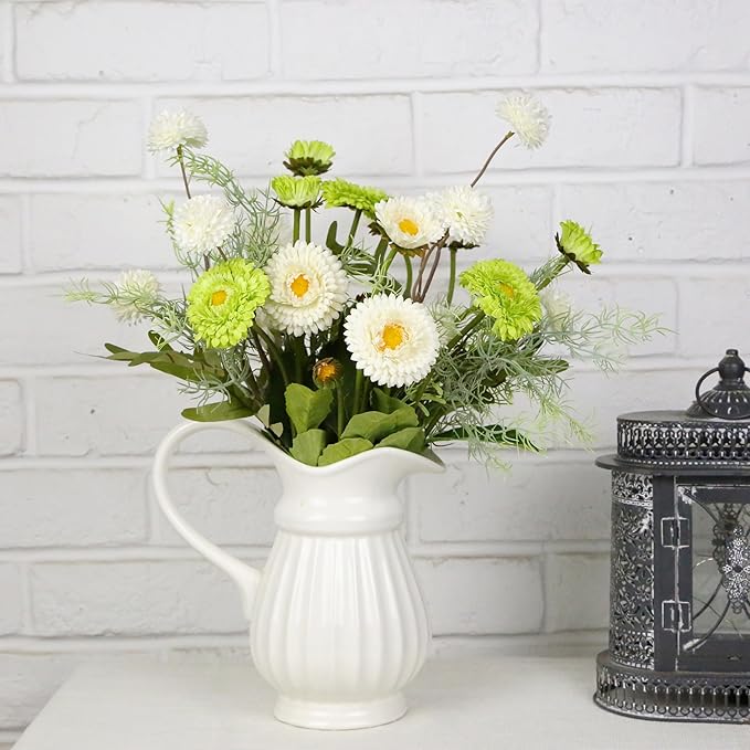 Fake Flowers Artificial Daisy Flowers Daisies and Kiku Flowers Chrysanthemum Bouquet with Rosemary Sprigs for Florals Arrangements Table Centerpieces Spring Flower Decor (White & Green)