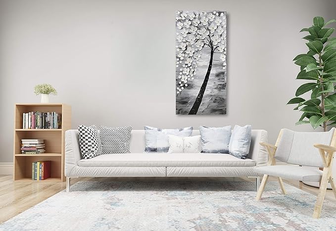 Yihui Arts Hand-Painted Textured White Blossom Tree Art on Canvas, Grey & Black Toned Floral Painting for Modern Home Decor, Unique Thick Textured Petals Wall Art