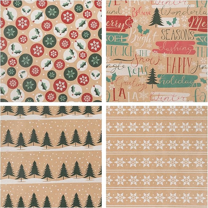 RUSPEPA Christmas Wrapping Paper, Kraft Paper - Christmas Tree, Snowflake and Seasonal Brocade Style Designs - 4 Rolls - 30 inches x 10 feet per Roll