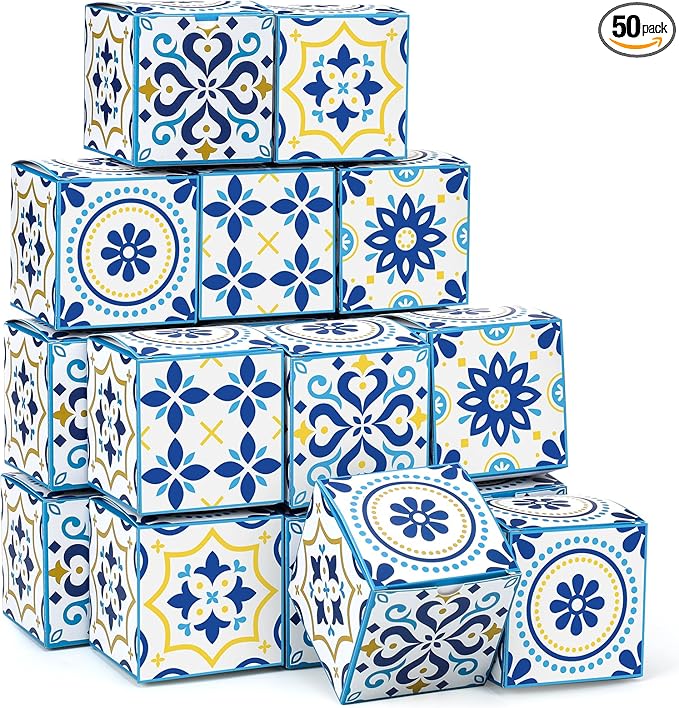 TecUnite 50 Pcs 3x3x3'' Amalfi Coast Party Gift Boxes Amalfi Coast Party Favor Candy Boxes Decorations Small Blue Yellow Paper Packaging Bags for Wedding Birthday Baby Shower Supplies