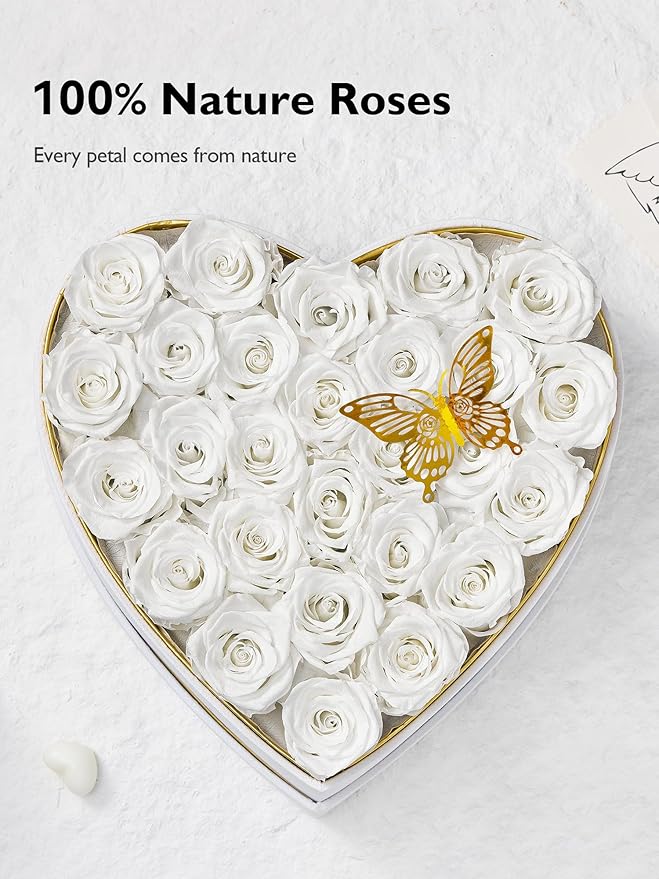 Eterfield Forever Flowers in Heart Shape Box, Preserved Roses That Last a Year Preserved Flowers Birthday Gifts for Her Mom Women Wife Anniversary Valentine's Day Mother's Day (27 Roses, White)