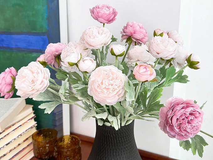 7 pcs Peony Artificial Flowers with Stems, Faux Ice and Opal Pink Ranunculus Mixed, Silk Flowers Arrangement for Home Office Farmhouse Indoor Decor, Kitchen Dining Table Centerpiece Decor