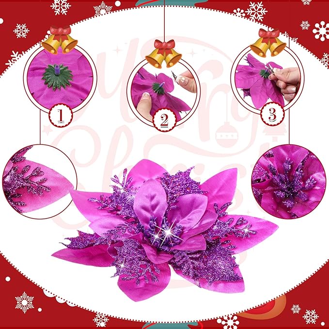 Geosar 24 Christmas Glitter Artificial Poinsettia Flowers Xmas Poinsettia Artificial Wedding Flowers Decorations Xmas Tree Ornaments with Clips for Party Favors, 6 Inch, 4 Inch, 3 Inch (Dark Purple)