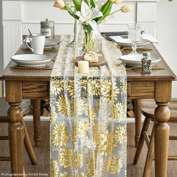 Artoid Mode Beige Gold Dahlia Flower Gauze Table Runner 120 Inch 10FT, Glitter Metallic Foil Seasonal Sheer Dining Holiday Table Decor for Home Party