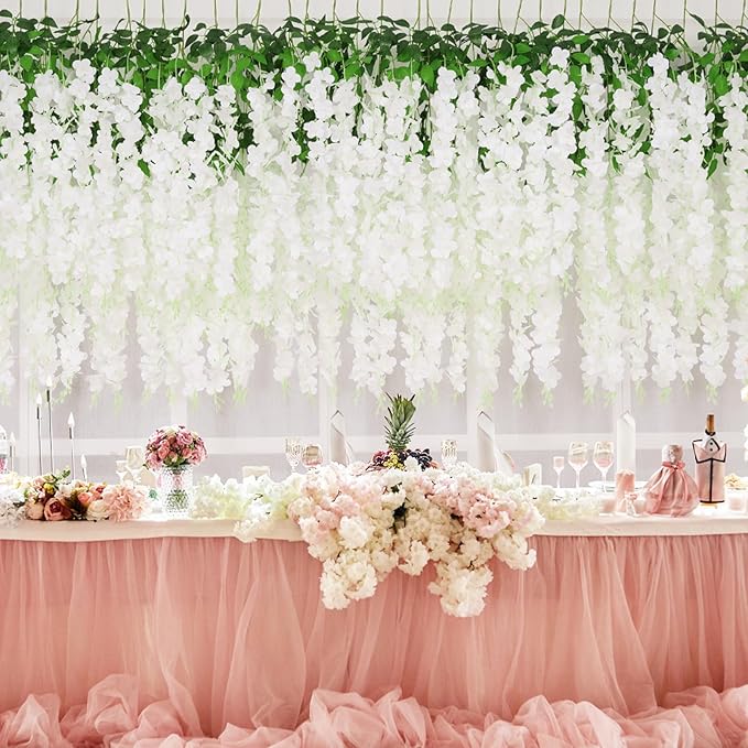 Yastouay 28 Pcs Wisteria Hanging Flowers, 3.77 Ft/Pcs Artificial Hanging Flowers, White Fake Wisteria for Wedding Party Backdrop Wall Home Decoration