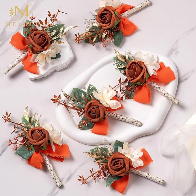 Meldel Terracotta Boutonniere for Men Wedding, Set of 6, Groom and Best Man Boutonniere, Guest Rose Boutonniere for Wedding Prom Homecoming Ceremony Anniversary Party, Burnt Orange