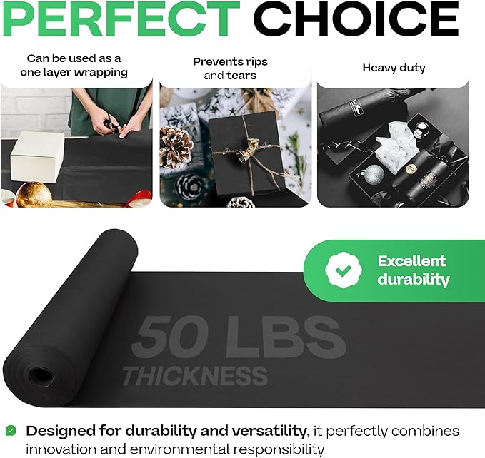 Black Kraft Paper Roll 24" x 2160" (180 feet) - USA-Made Quality Black Paper 50lb Thickness for Packing, Moving, Shipping & Crafts/Arts - 100% Recyclable Natural Wrap Material by IDL Packaging