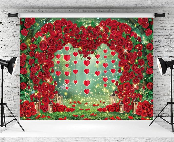 Valentine's Day Backdrop Red Rose Love Heart Garden Photography Background Floral Wedding Bridal Shower Birthday Party Decorations Photo Banner Props (94x70inch(8x6FT))
