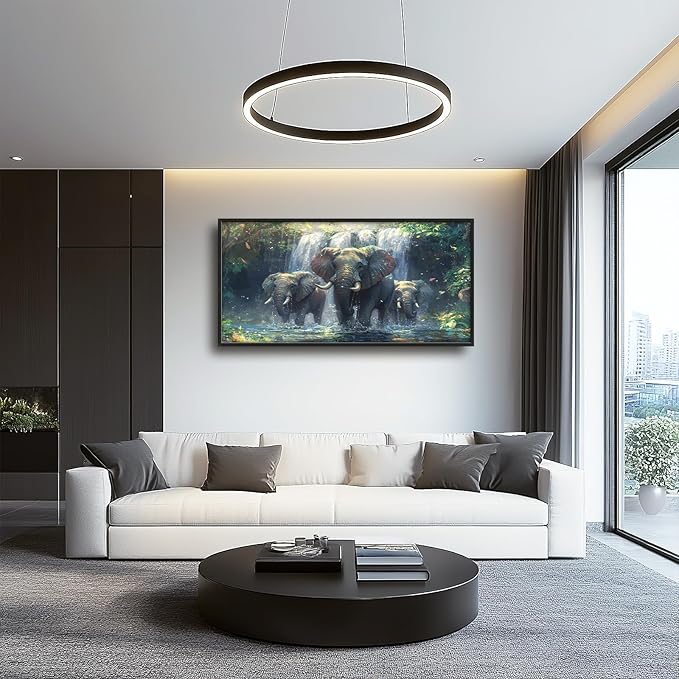 Large Elephant Wall Art for Living Room, Framed Oversized Forest Waterfall Wall Decor, Nature Landscape Canvas Painting Wildlife Artwork for Living Room Dining Room Bathroom Bedroom Office 60"x30"