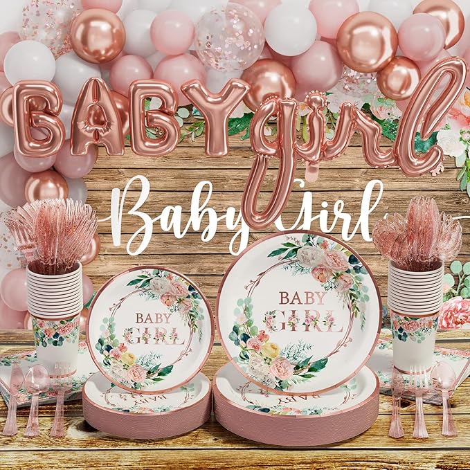 Ecomore Baby Shower Decorations for Girl - 249 PCS Baby Girl Gender Reveal Party Supplies & Disposable Dinnerware Set (25 Guest) with Pink Rose Gold Floral Paper Plates Backdrop Tablecloth Balloon Kit
