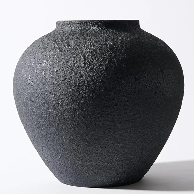 Large Black Round Vase for Flowers & Table Centerpieces - 11 Inch Rustic Textured Earthy Stone Look, Matte Big Decorative Arina Modern Farmhouse Wabi Sabi Decor for Living Room, Dining, Coffee Table