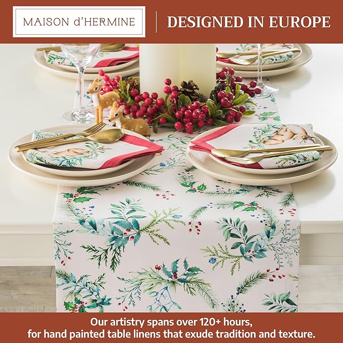 Maison d' Hermine Table Runner 100% Cotton Single Layer Table Runners 108 inches Long for Thanksgiving Christmas Decorations Home Kitchen Dining Party Wedding (Holly Time, 14.5" x 108")