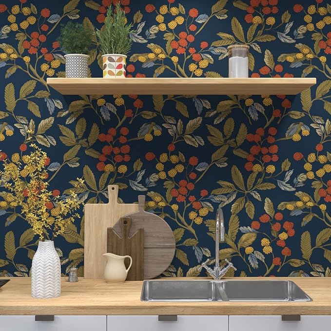 Navy Blue Floral Wallpaper Peel and Stick, Vintage Contact Paper 17.5" x 118", Dark Leaf Botanical Boho Wall Paper Self Adhesive Waterproof Removable for Room Shelve Cabinet Drawer Table Decor