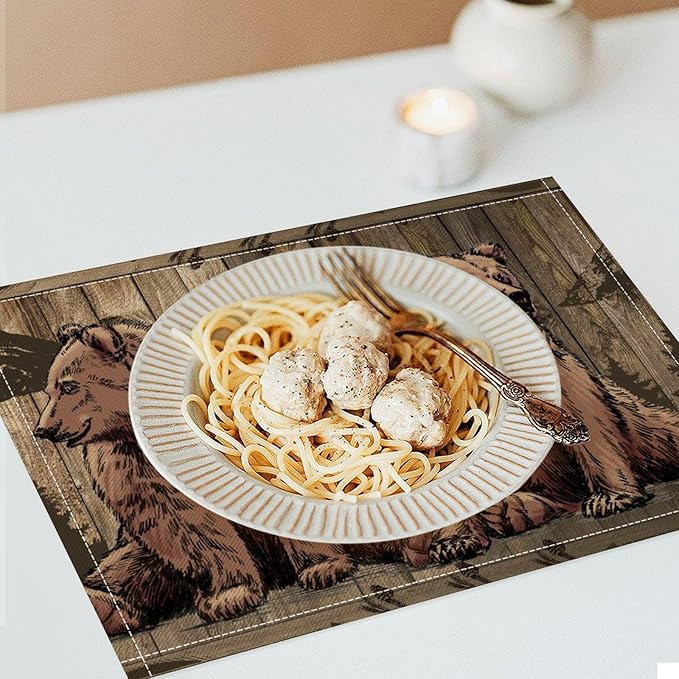 Rustic Lodge Bears Placemats Set of 4, Vintage Cabin Pine Tree Wooden Board Place Mats, Heat Resistant Non Slip Cotton Linen Dining Table Mats for Home Party Kitchen 18x12 Inch