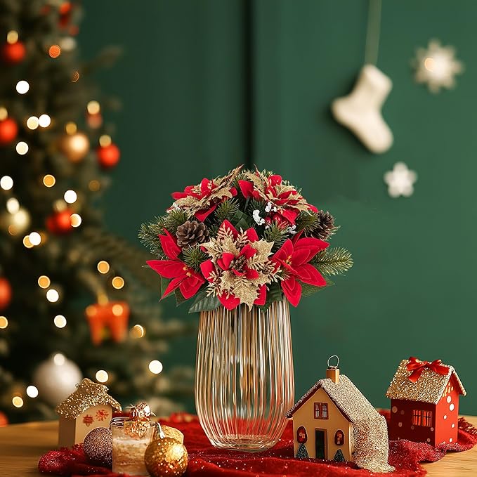BLOSMON Poinsettias Christmas Flowers Decorations: 6 Pcs Red Gold Glitter Fake Christmas Floral Ball Centerpieces Artificial for Tables Silk Faux Poinsettia Holiday Flower Arrangement Xmas Plant Decor