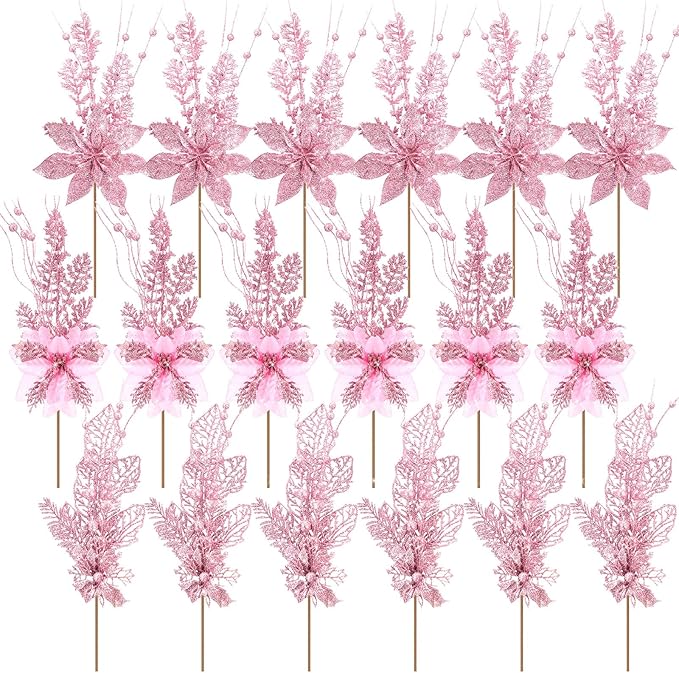 18 Pack 3 Styles 17 Inch Christmas Glitter Poinsettia Berry Stems Ornaments Artificial Floral Branches Picks for Christmas Tree Home Vase Holiday Party Decor(Pink)
