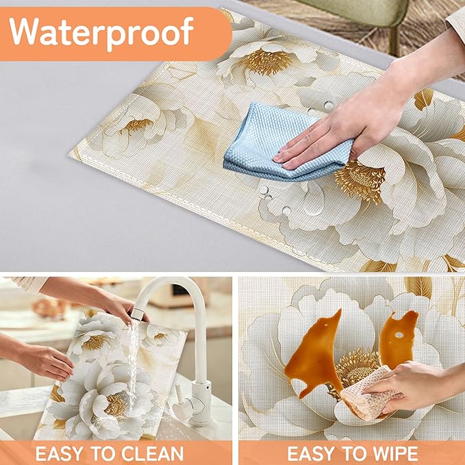 Vintage Peony Placemats Set of 6,White Gold Flower Waterproof Heat Resistant Dining Table Plate Mat for Home Kitchen Dining Table 12x18Inch
